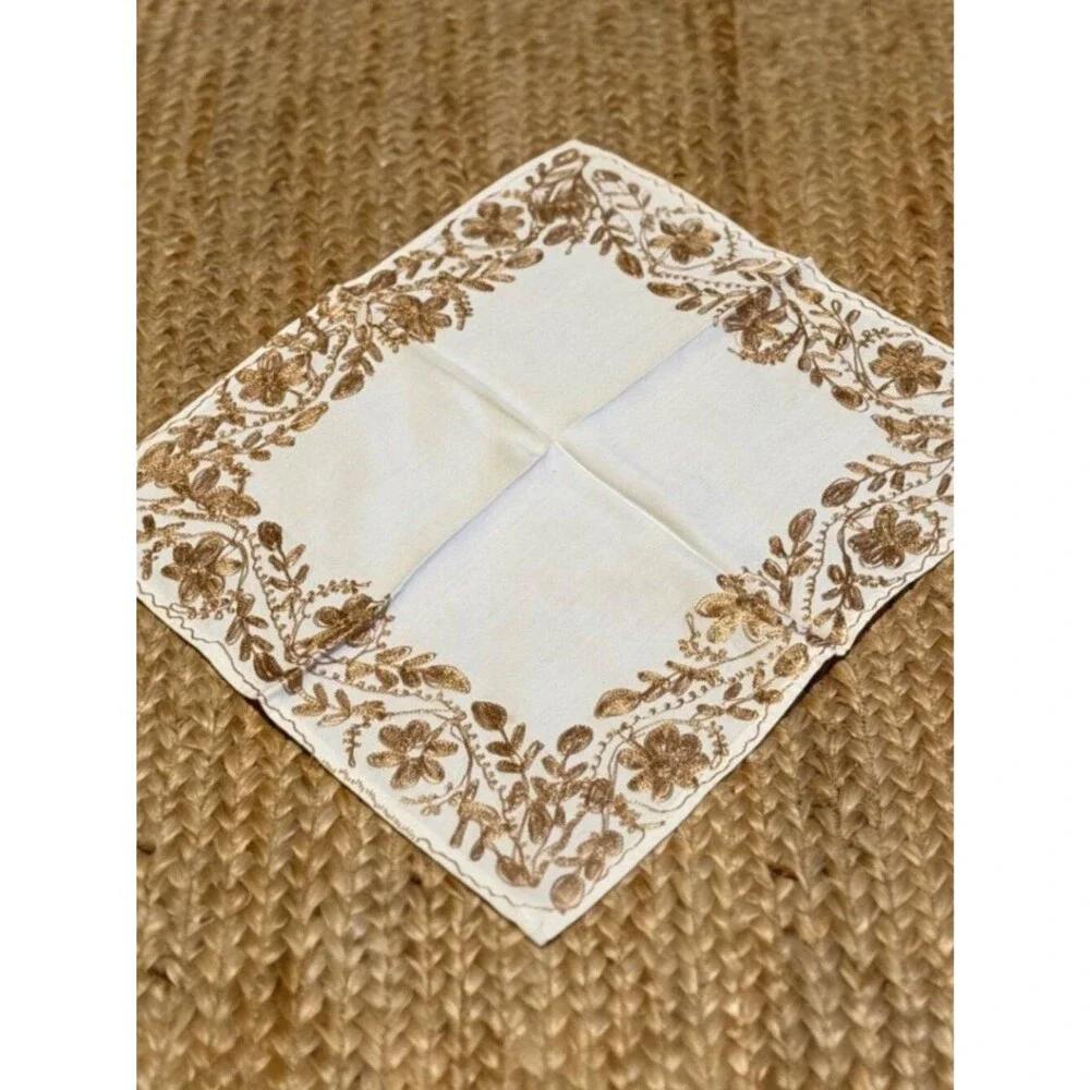 Vtg Handmade AGHABANI Large Tablecloth & 12 Napkins Gold Silk on White 110 x 72”
